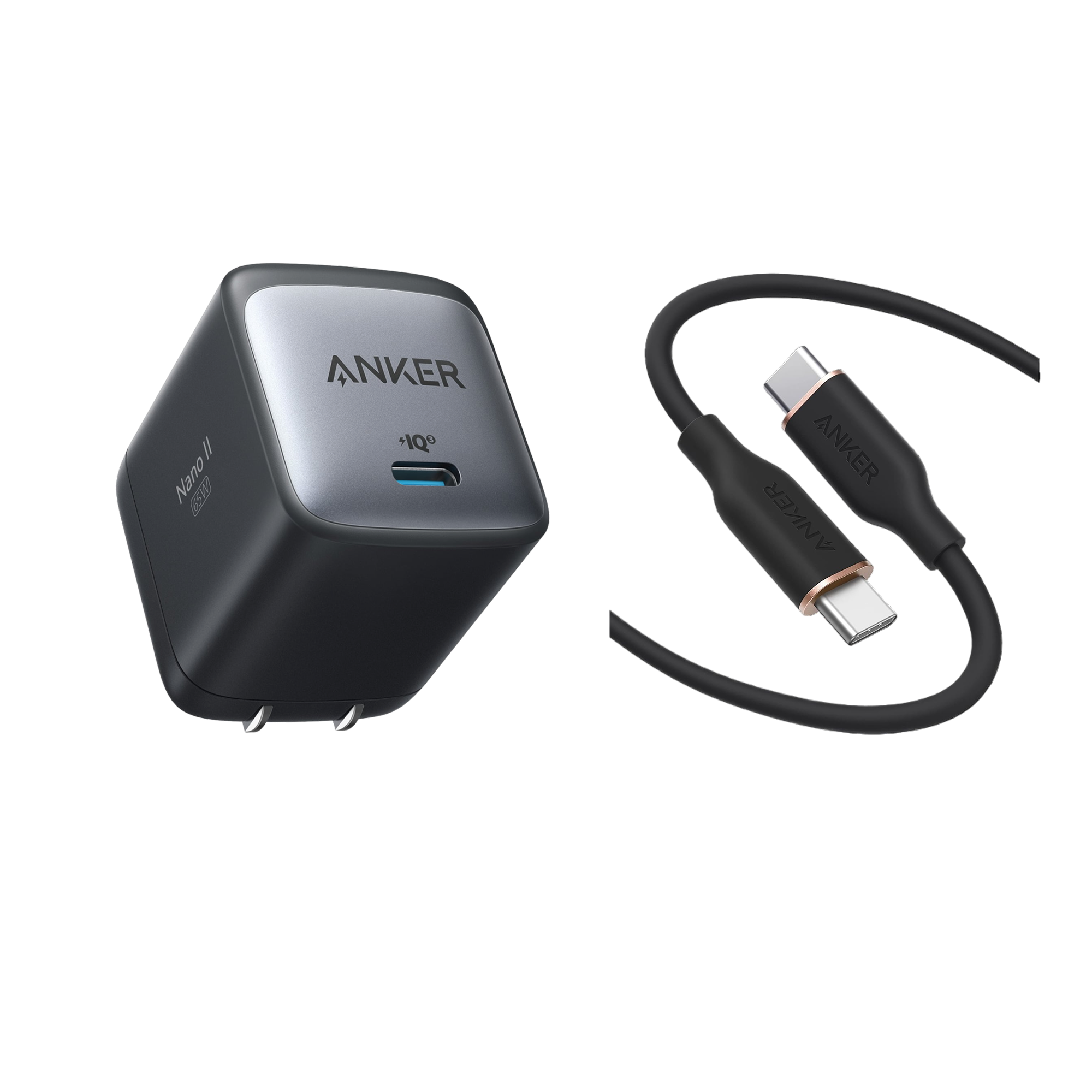 Anker 715 Charger (Nano II 65W) and USB-C to USB-C Cable (Flow, Silicone, 3 ft)